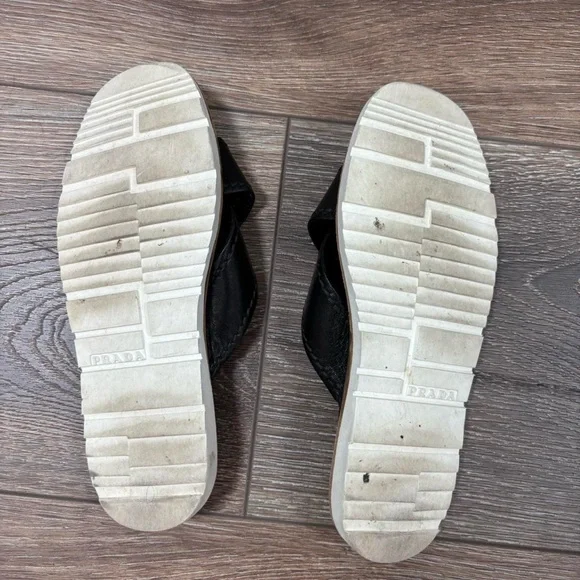 PRADA Criss Cross Black Leather Slide Sandals